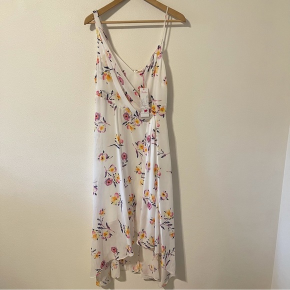 Parker Floral Draped High/Low Hem Midi Dress Asymmetric Shoulder Drape NWT-M - Picture 2 of 10